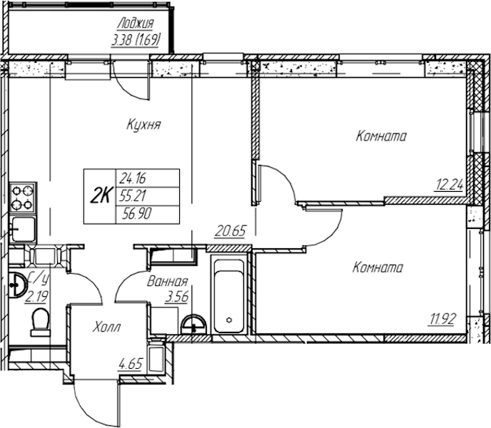 2-комнатная квартира 56.9 м², 14/22 эт., ЖК «Парк-квартал Юнтолово»